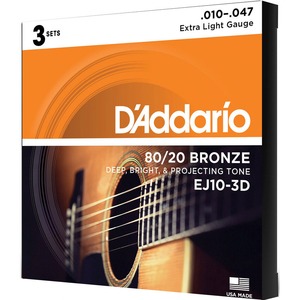 3 комплекта струн для 6-струнной акустической гитары 10-47 DAddario EJ10-3D