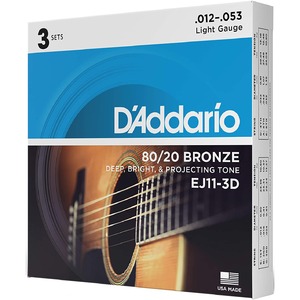 3 комплекта струн для 6-струнной акустической гитары 12-53 DAddario EJ11-3D