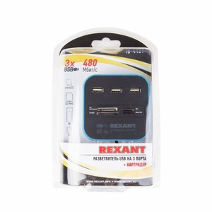 Разветвитель USB Rexant 18-4121 на 3 порта+картридер (все в одном) черный
