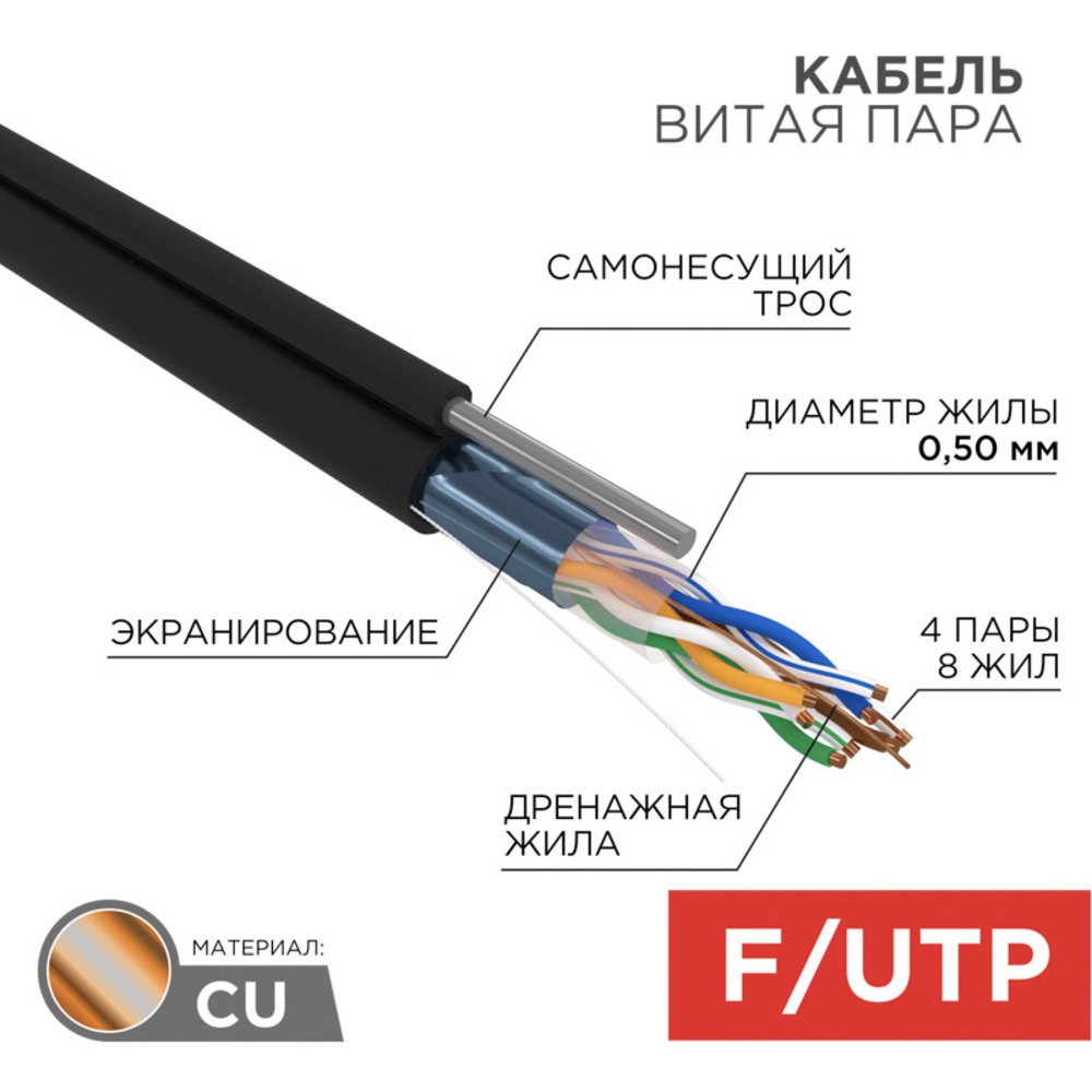 Кабель витая пара на катушке Rexant 01-0144 FTP 4PR OUTDOOR (305 метров)