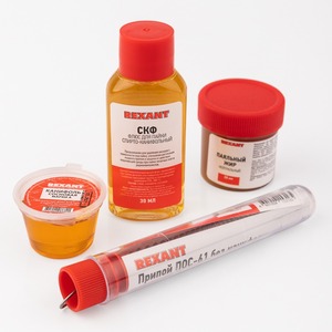 Набор для пайки Rexant 09-3744 универсальный (припой, канифоль, паяльный жир, флюс СКФ)