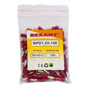 Разъем штекерный изолированный штекер Rexant 08-0511 4 мм 0.5-1.5 мм красный (100 штук)