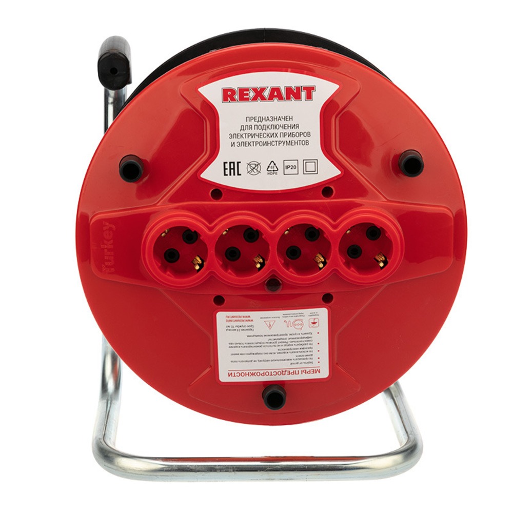 Удлинитель электрический Rexant 11-7083 Удлинитель-шнур на катушке ПВС 3х1.0, 20 м, 4 гнезда, с/з, 10 А, 2200 Вт, IP20, оранжевый