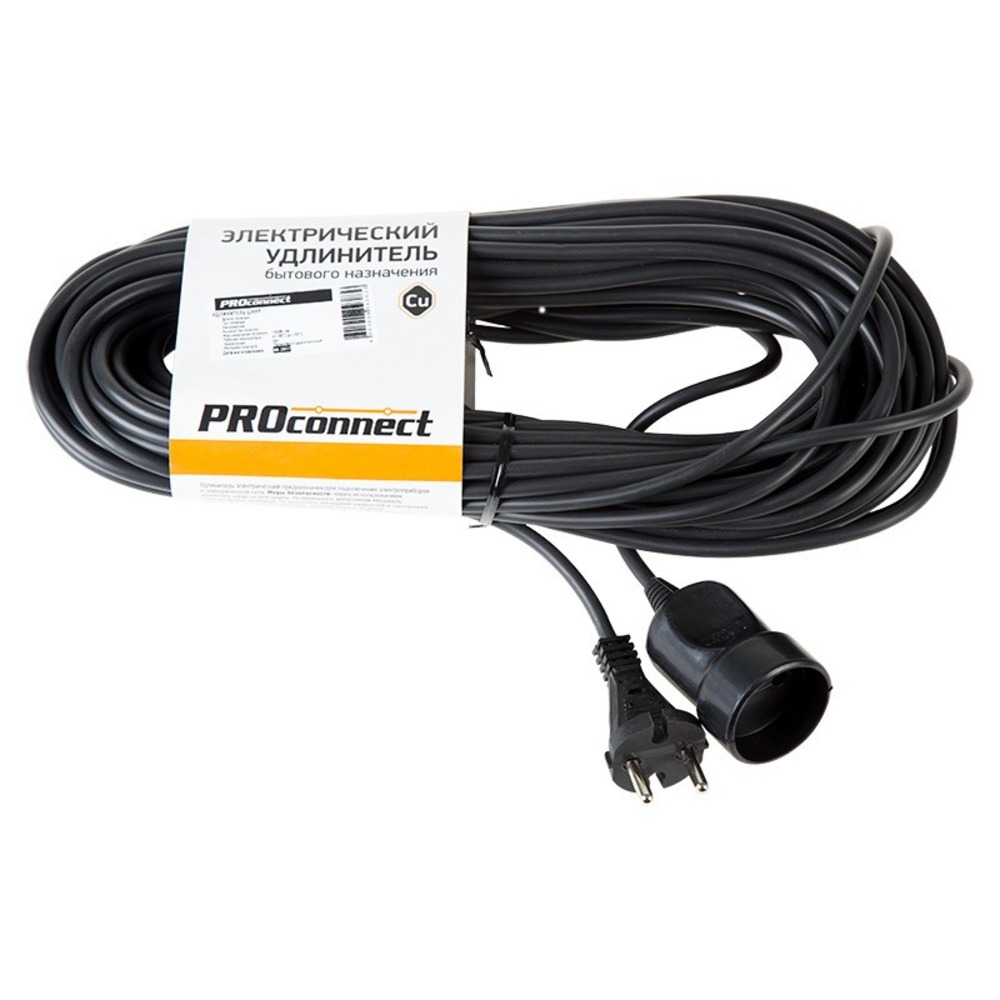 Удлинитель-шнур PROconnect 11-7115 ПВС 2х0.75, 20 м, б/з, 6 А, 1300 Вт, IP20, черный