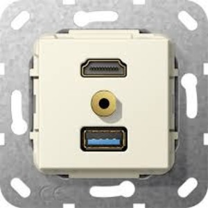 Розетка аудио/видео Gira 568101 System 55 Вставка HDMI и USB 3.0 типа A и миништырь 3,5 мм глянцевый кремовый