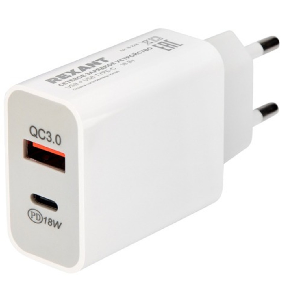 Сетевое зарядное устройство Rexant 18-2216 USB-A+USB-C адаптер, 18W белое