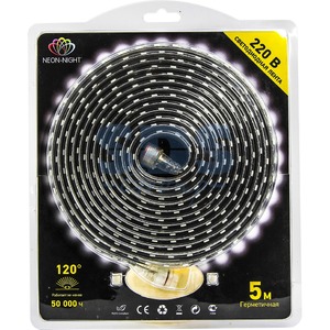 Лента светодиодная Neon-Night LED лента 220В 10*7 мм IP65 SMD 3528 60 LED/m Белая блистер 5 м 142-605-05