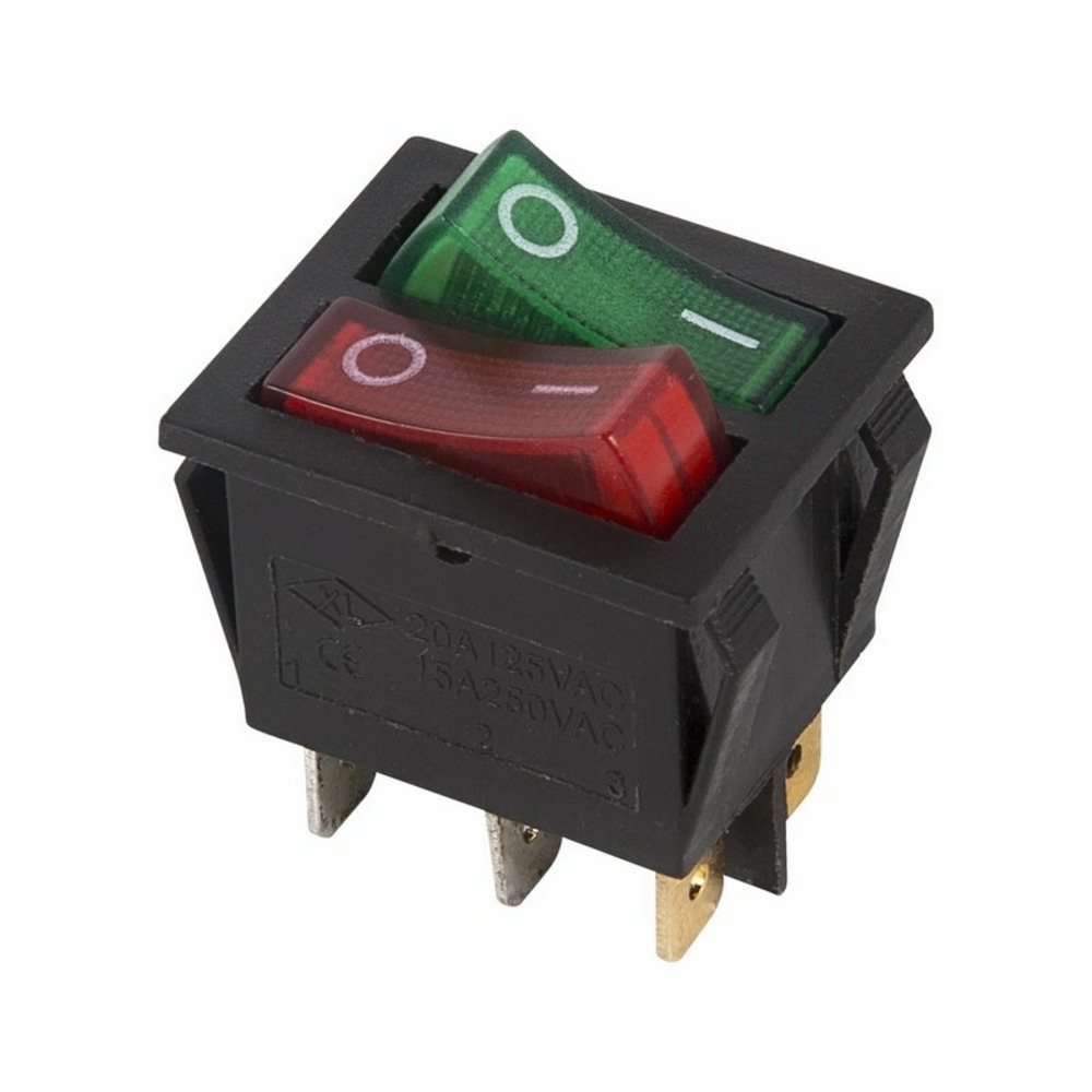 Выключатель клавишный Rexant 36-2450 250V 15А (6с) ON-OFF красный/зеленый с подсветкой ДВОЙНОЙ, 10шт