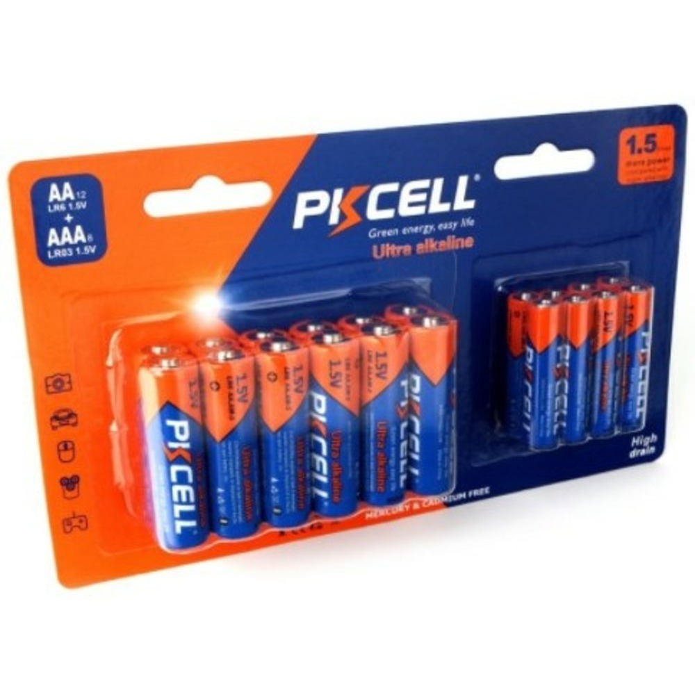 Батарейка PKCELL LR03(12)+LR6(8) тип - AAА 12 шт + АА 8 шт в блистере