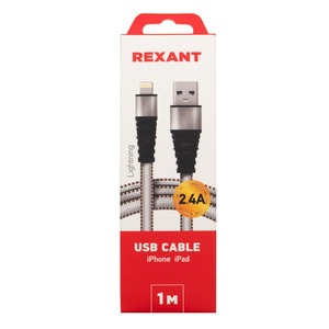 Кабель USB 2.0 Тип A - Lightning Rexant 18-7056 USB-Lightning 2.4 A, белая нейлоновая оплетка 1.0m