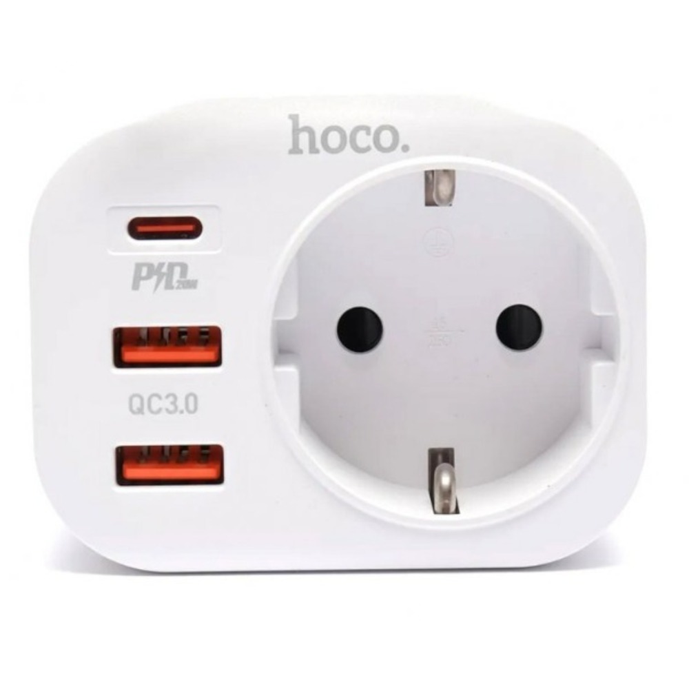 Сетевой фильтр одноразеточный hoco 6931474766175 NS3, 2xUSB-A; Type-C, 3А, белый