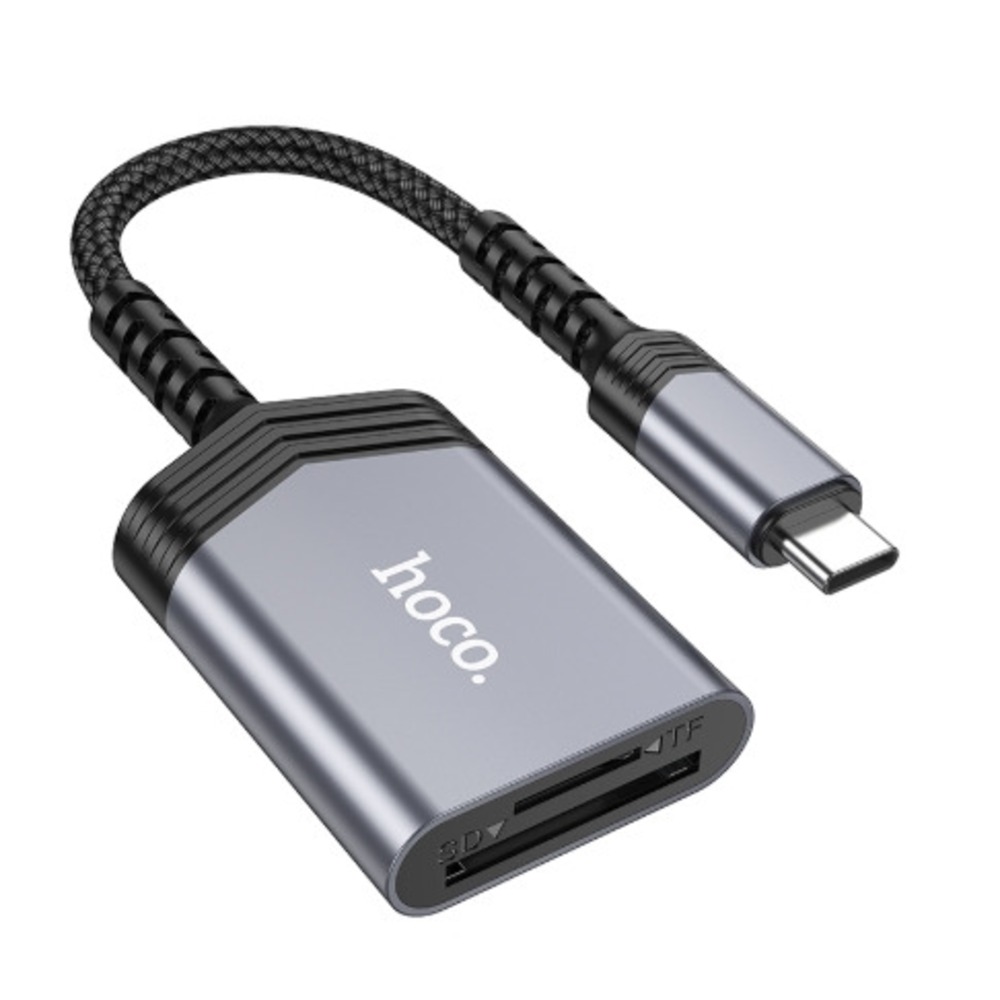 Картридер Type-C (OTG) hoco 6942007608862 UA25, 2в1: SD, TF (MicroSD), кабель 19см, алюминий